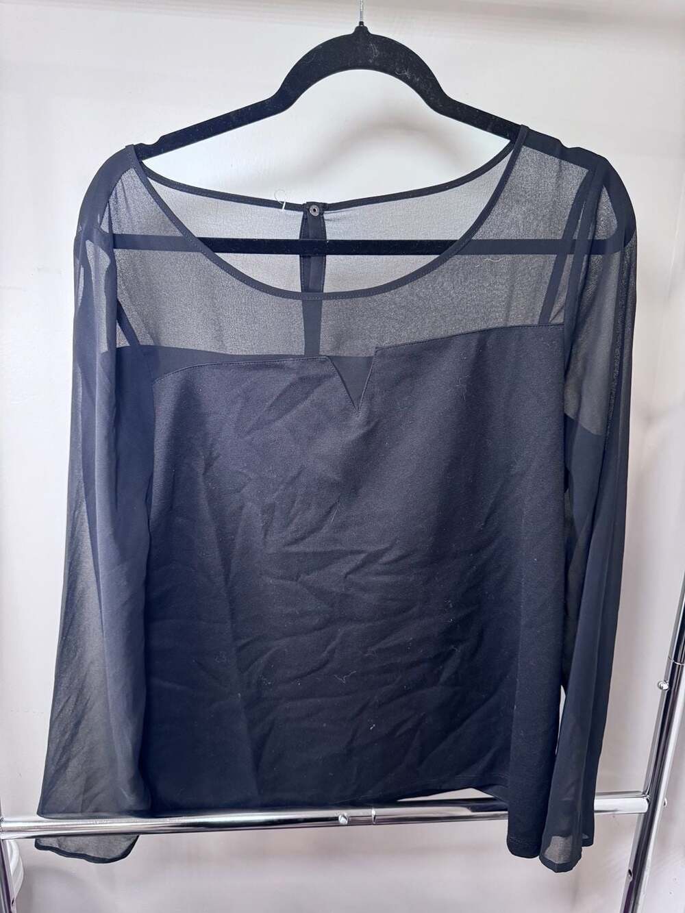 Ann Taylor Women's XL Black Long Sleeve Mixed Media Mesh Yoke Top